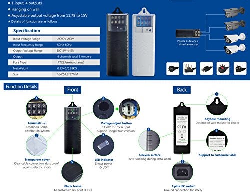 EVERSECU 4 Channel CCTV Camera Power Supply 5 Amp Distribution Power Supply 90V-264VAC Input to 12V-13.8VDC Output Security Camera Power Adapter with PTC Fuse - Image 2