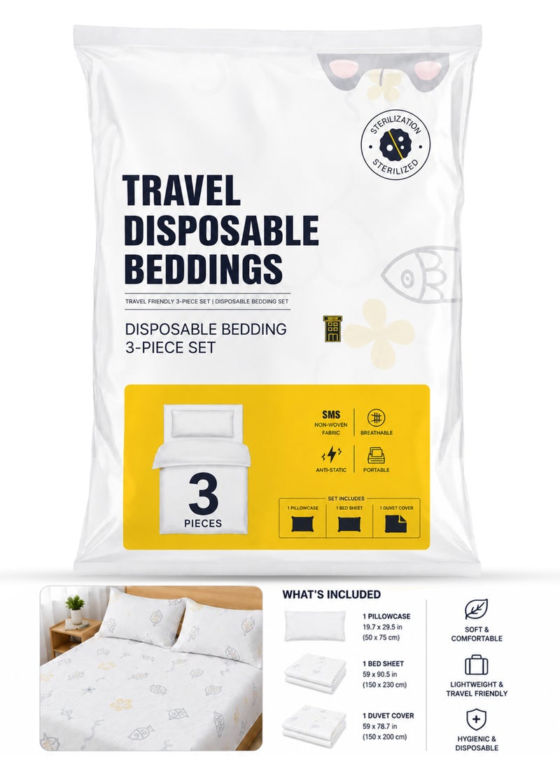 3 Pack Disposable Bed Sheets for Travel, Portable Disposable Bedding Set with Bed Sheet*1/Quilt Cover*1/Pillowcases*1 Disposable Bed Sheets XL Size for Travel Business Trip Camping Hotel.