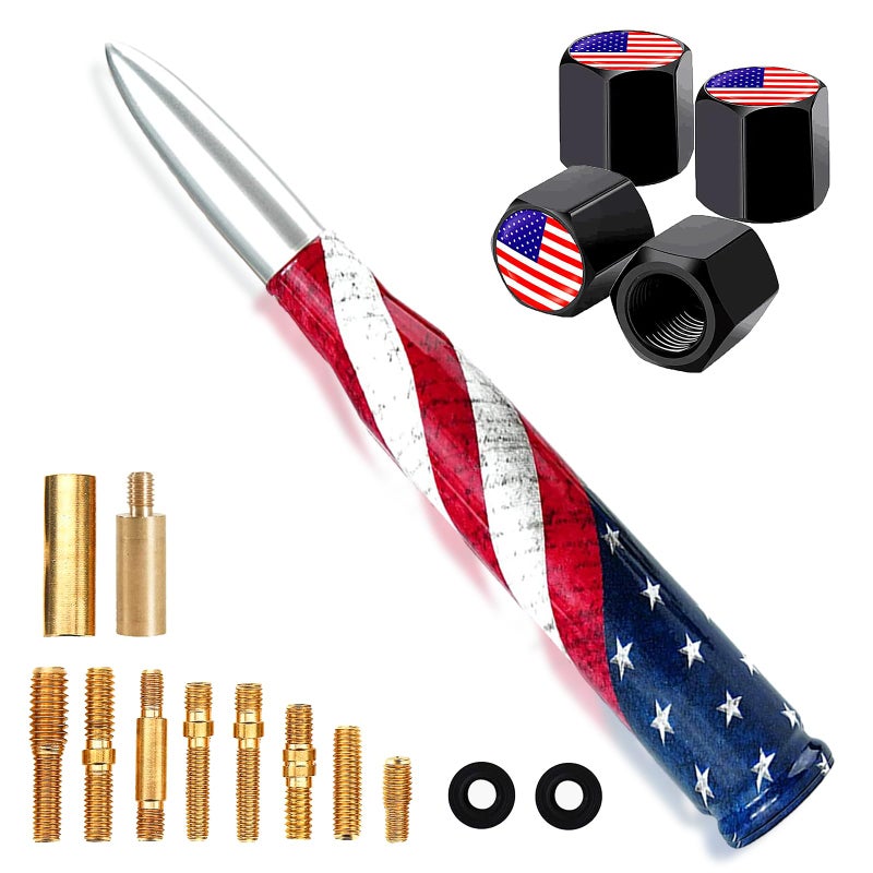 HVSTTPK Car Truck Bullet Antenna with Valve Stem Caps for F150 F250 F350 Super Duty Raptor Dodge Ram Silverado 1500 2500 3500,Pickup Jeep Accessoriesï¼ˆSilver ï¼‰- American Flag Design-Car wash Safe - Image 1