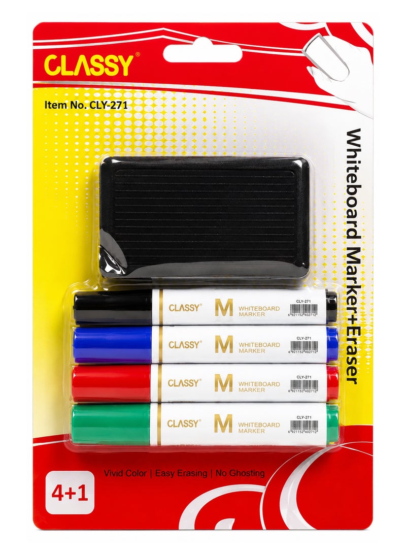 Whiteboard Marker and Eraser Set 4+1 – Colorful Dry Erase Markers with Magnetic Eraser for Office School Classroom and Home Use - Image 1