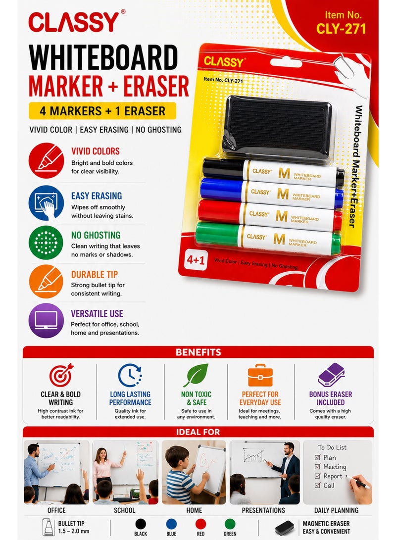 Whiteboard Marker and Eraser Set 4+1 – Colorful Dry Erase Markers with Magnetic Eraser for Office School Classroom and Home Use - Image 3