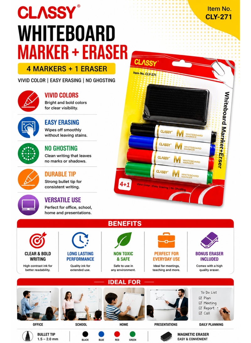 Whiteboard Marker and Eraser Set 4+1 – Colorful Dry Erase Markers with Magnetic Eraser for Office School Classroom and Home Use - Image 4