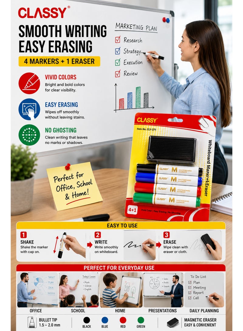 Whiteboard Marker and Eraser Set 4+1 – Colorful Dry Erase Markers with Magnetic Eraser for Office School Classroom and Home Use - Image 5