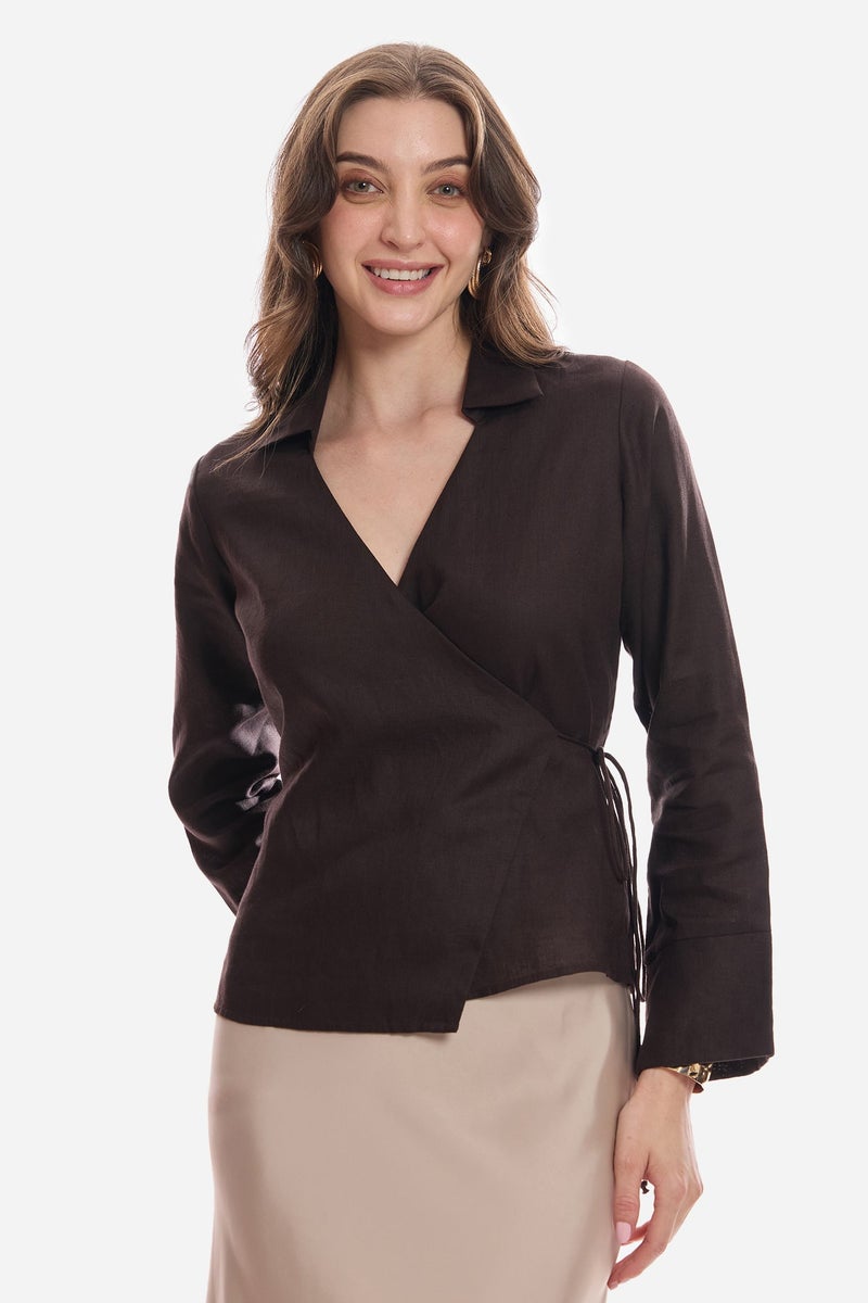 Virgio Solid Linen Wrap Tie-Up Top for Women - Image 2
