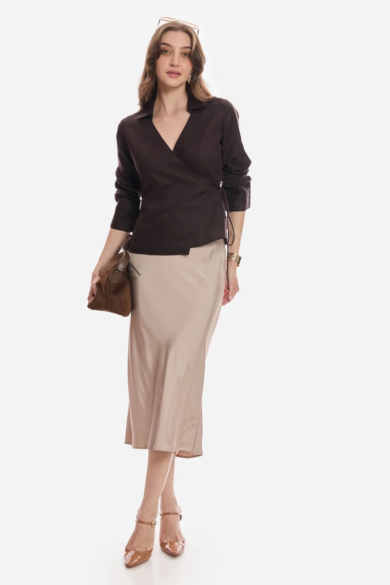 فيرجيو Solid Linen Wrap Tie-Up Top for Women