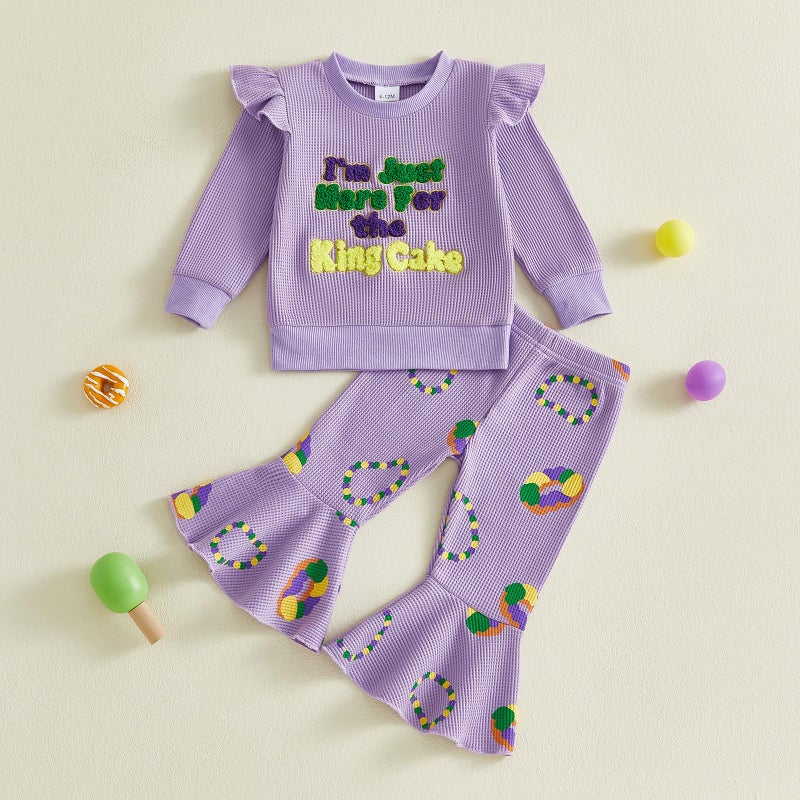 Socutebabe Toddler Girl Mardi Gras Outfit I'm Just Here For The King Cake Sweatshirt Long Sleeve Pullover Pants Cute Clothes (D-Purple, 3-4T) - Image 4