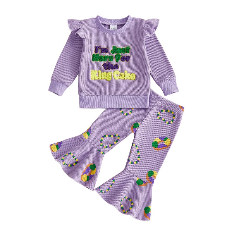 Socutebabe Toddler Girl Mardi Gras Outfit I'm Just Here For The King Cake Sweatshirt Long Sleeve Pullover Pants Cute Clothes (D-Purple, 3-4T) - Image 1