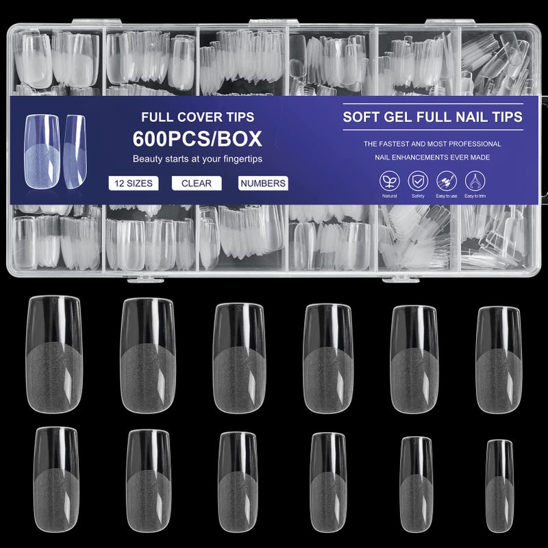 AORAEM Square Nail Tips 600PCS: Artificial Full Cover Nail Tips, Soft Clear Acrylic Medium Press on Nails, 12Sizes False Nails with Box for Home DIY Nail Salon - Image 1