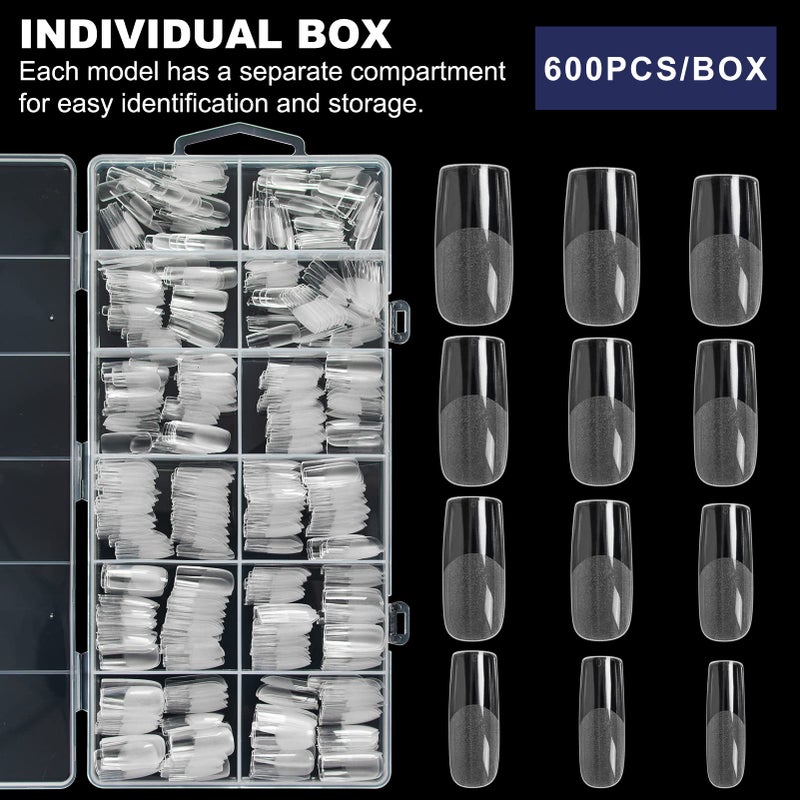 AORAEM Square Nail Tips 600PCS: Artificial Full Cover Nail Tips, Soft Clear Acrylic Medium Press on Nails, 12Sizes False Nails with Box for Home DIY Nail Salon - Image 4