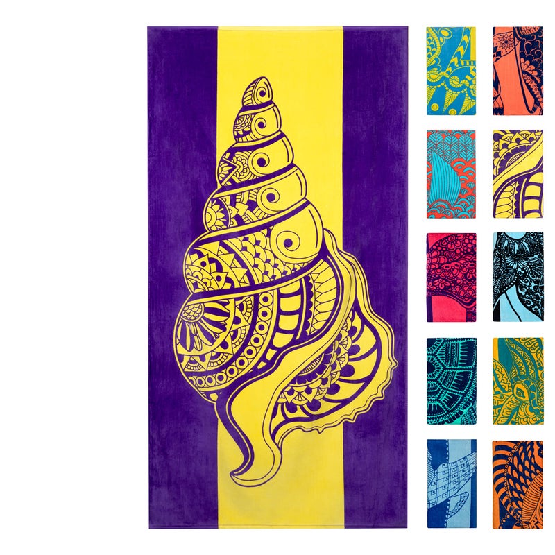 Nova Blue Seashell Beach Towel 34 X 63  Purple  Yellow Travel Towel Made From 100 Cotton  Unique Adult With Tropical Design  Compact
