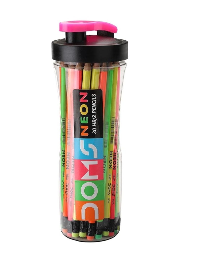 Doms HB/2 Pencils 30 Pieces Jar - With 3 Sharpener + Neon Eraser and Neon Scale - Image 1
