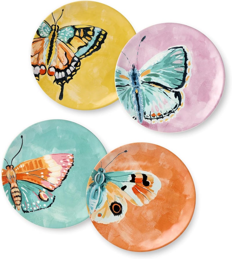 Certified International مجموعة أطباق سلطة من 4 قطع بتصميم الفراشات 8.5 بوصة أطباق خزفية مطلية يدويًا بتصاميم زاهية باللون الأصفر والوردي والأزرق الفاتح والبرتقالي مثالية للسلطات والمقبلات والحلويات - Image 1