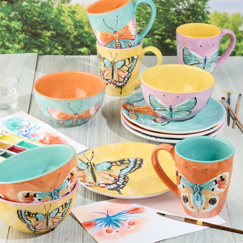 Certified International مجموعة أطباق سلطة من 4 قطع بتصميم الفراشات 8.5 بوصة أطباق خزفية مطلية يدويًا بتصاميم زاهية باللون الأصفر والوردي والأزرق الفاتح والبرتقالي مثالية للسلطات والمقبلات والحلويات - Image 5