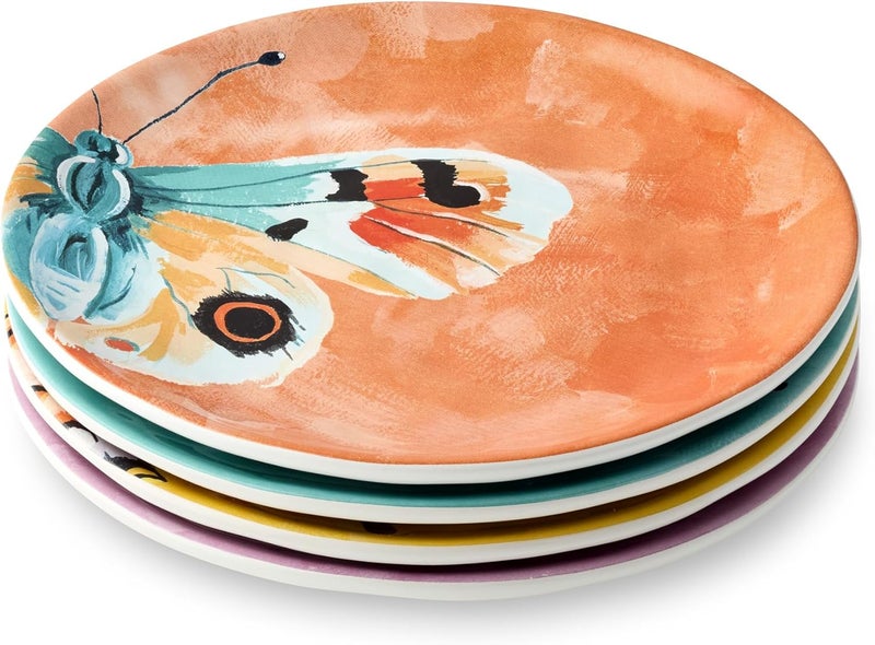 Certified International مجموعة أطباق سلطة من 4 قطع بتصميم الفراشات 8.5 بوصة أطباق خزفية مطلية يدويًا بتصاميم زاهية باللون الأصفر والوردي والأزرق الفاتح والبرتقالي مثالية للسلطات والمقبلات والحلويات - Image 2