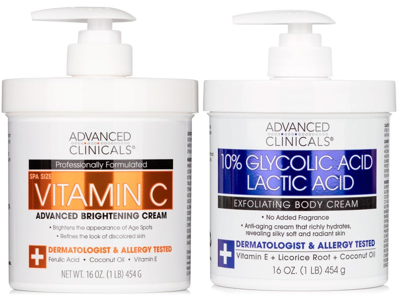 Advanced Clinicals كريم فيتامين سي المشرق من أدفانسد كلينيكالز + 10% حمض الجليكوليك وحمض اللاكتيك لوشن تقشير الجسم 2PC مجموعة العناية بالبشرة | مرطب الجسم المشرق | مزيل نتوءات KP | التهاب الجريبات الشعرية، 2PC - Image 1