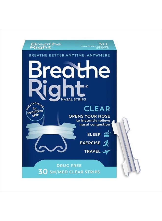 Breathe Right Original Nasal Strips | Clear | Sm/Med | For Sensitive Skin| Drug-Free Snoring Solution & Nasal Congestion Relief Caused by Colds & Allergies | 30 ct (Packaging May Vary) - Image 1