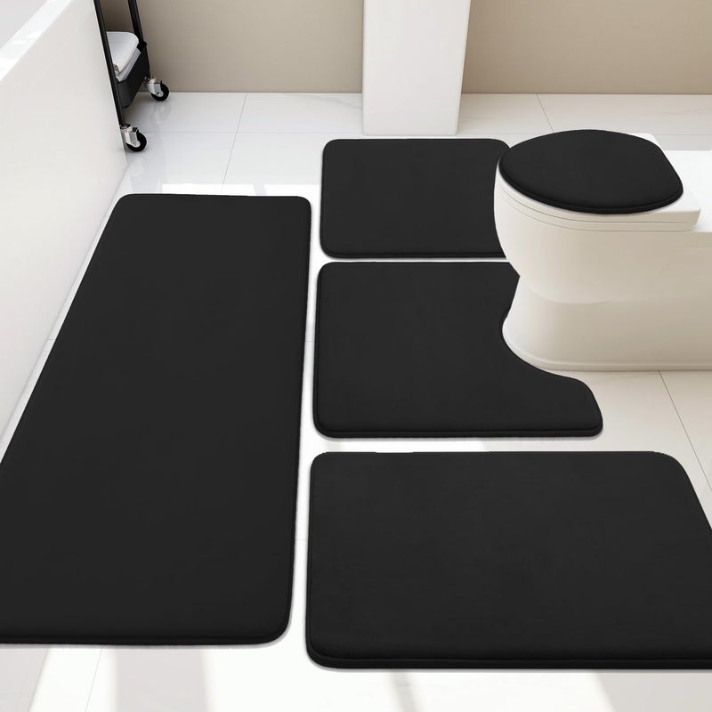 YIHOUSE Bathroom Rug Set 5 Piece, Memory Foam Bath Mat Set, Super Absorbent Bath Mats for Bathroom - Non-Slip Washable Dry Quickly Bath Rugs, Black - Image 1