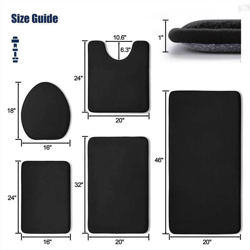 YIHOUSE Bathroom Rug Set 5 Piece, Memory Foam Bath Mat Set, Super Absorbent Bath Mats for Bathroom - Non-Slip Washable Dry Quickly Bath Rugs, Black - Image 4