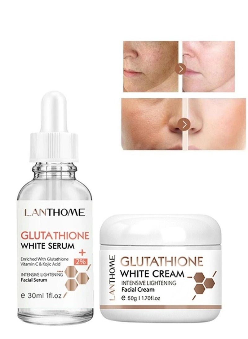Lanthome Glutathione White Cream and Serum Natural Skin Nourishing Resurfacing Fade Vitamin C & Kojic Acid Cream and Serum Brighting Dark Spots Acne Scars Intensively Hydrating Soothing Provide Elastic Youthful Skin 50ml + 30ml  - Image 1