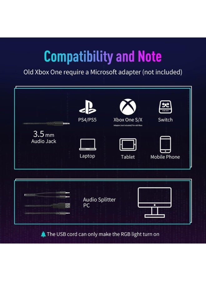 onikuma Onikuma X31 RGB Wired Gaming Headset with Noise Cancelling Microphone Nintendo Switch, Xbox One, PS4, PS5, Bass Surround and Noise Cancelling with Flexible Mic, RGB Headphones for Laptop PC iPad Smartphones - Image 4