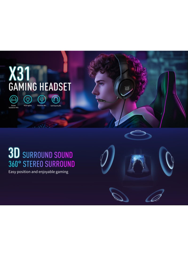 onikuma Onikuma X31 RGB Wired Gaming Headset with Noise Cancelling Microphone Nintendo Switch, Xbox One, PS4, PS5, Bass Surround and Noise Cancelling with Flexible Mic, RGB Headphones for Laptop PC iPad Smartphones - Image 3