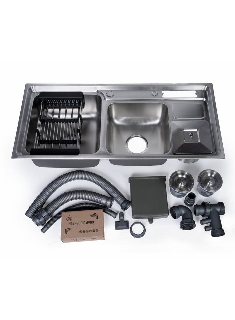 ODONAO Premium Stainless Steel Kitchen Sink, 92*43*22cm, Double Bowl with Strainer & Utensil Holder, Chrome Finish, Durable Modern Design - Image 1