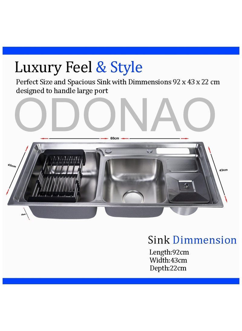 ODONAO Premium Stainless Steel Kitchen Sink, 92*43*22cm, Double Bowl with Strainer & Utensil Holder, Chrome Finish, Durable Modern Design - Image 2