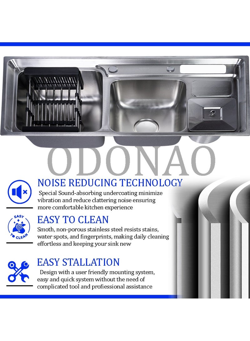ODONAO Premium Stainless Steel Kitchen Sink, 92*43*22cm, Double Bowl with Strainer & Utensil Holder, Chrome Finish, Durable Modern Design - Image 4