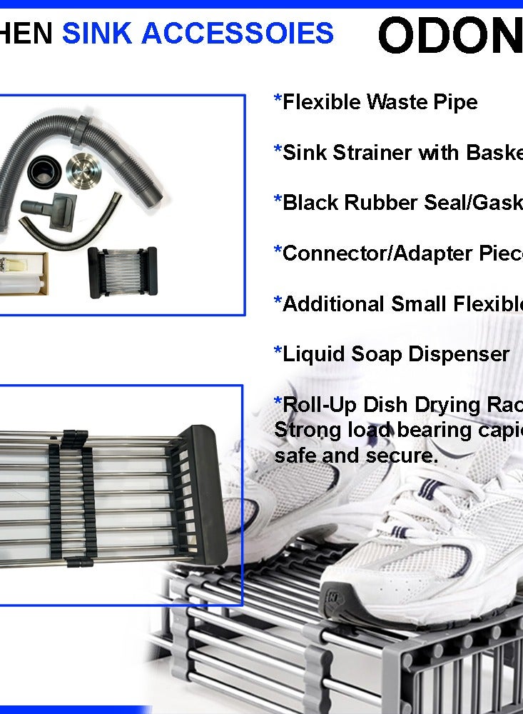 ODONAO Premium Stainless Steel Kitchen Sink, 92*43*22cm, Double Bowl with Strainer & Utensil Holder, Chrome Finish, Durable Modern Design - Image 5