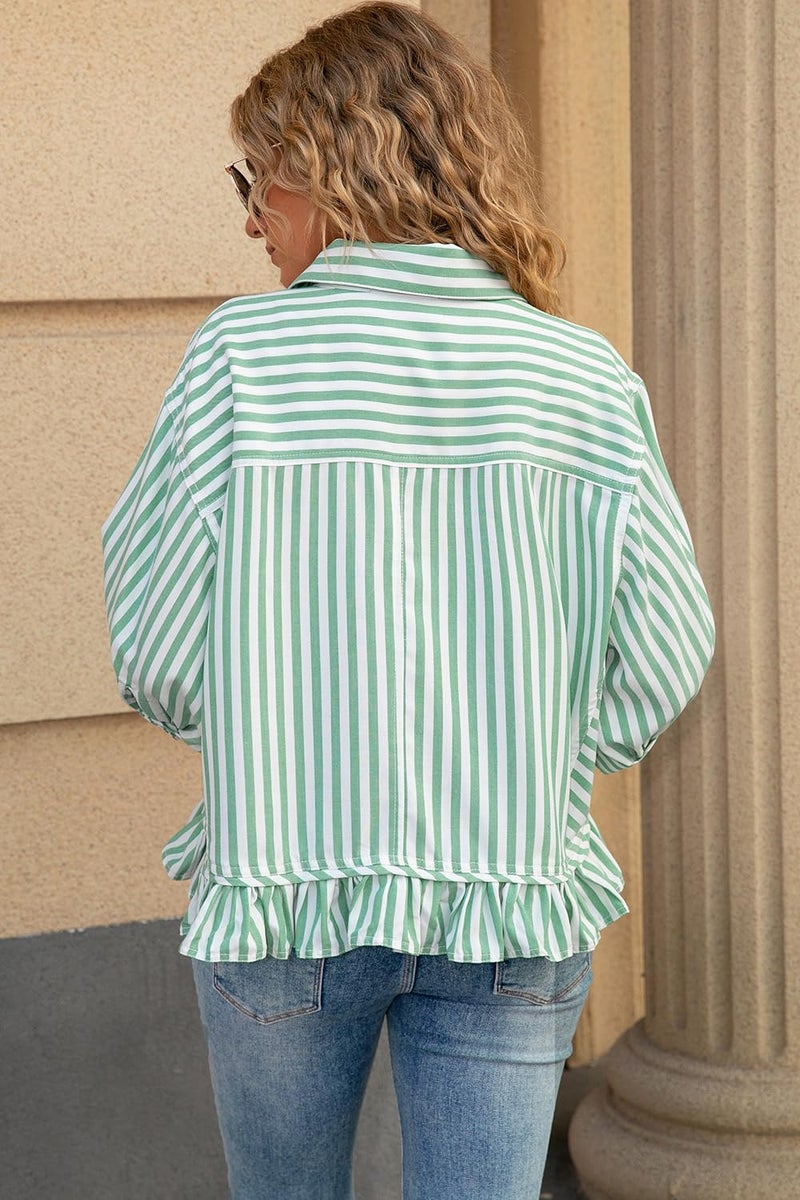 CHYRII Womens Summer Tops Dressy Casual Blouse Top Ruffled Short Sleeve Button Down Striped Shirt Green XL - Image 2