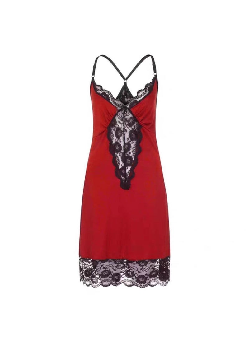 Joychic Spring and Summer Lace Nightwear Slip Mesh Floral Lace Babydoll Plus Size for Women Red 2XL  - Image 4