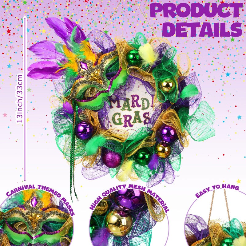 Hoteam Mardi Gras Wreath for Front Door Purple Green Gold Carnival Wreath Glitter Mardi Gras Festival Decoration with Venetian Mask for Indoor Outdoor Holiday Party Favors (Carnival,13 Inch) - Image 3