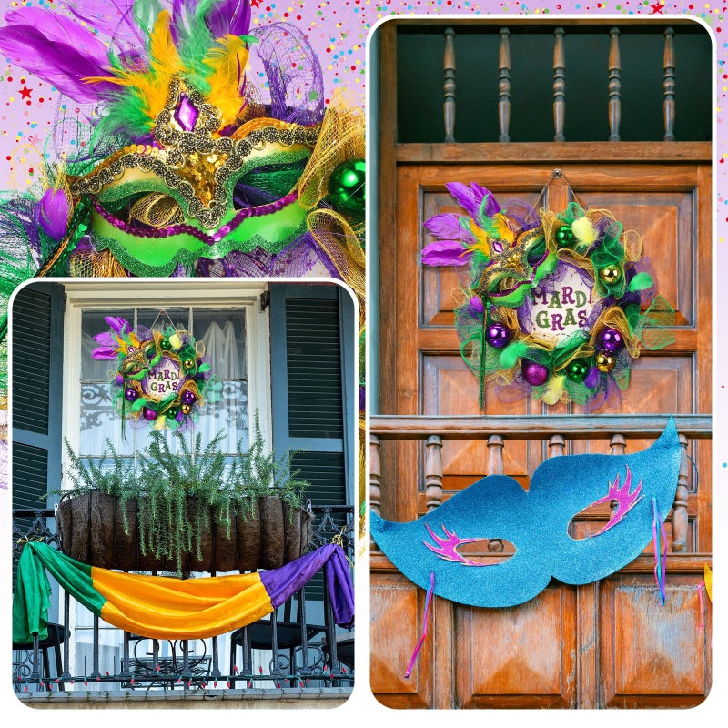 Hoteam Mardi Gras Wreath for Front Door Purple Green Gold Carnival Wreath Glitter Mardi Gras Festival Decoration with Venetian Mask for Indoor Outdoor Holiday Party Favors (Carnival,13 Inch) - Image 5