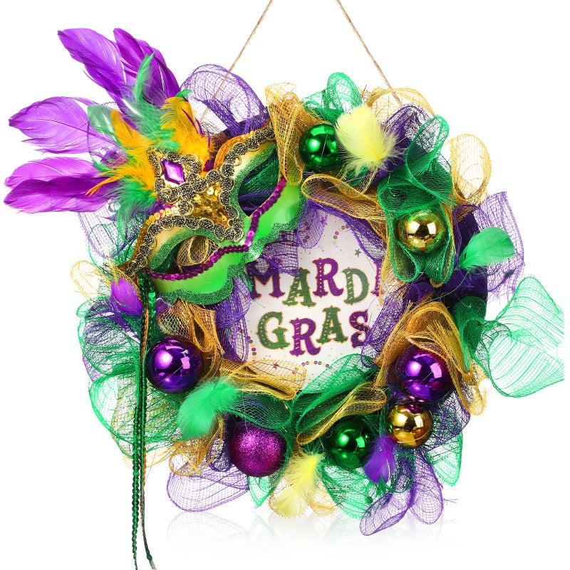 Hoteam Mardi Gras Wreath for Front Door Purple Green Gold Carnival Wreath Glitter Mardi Gras Festival Decoration with Venetian Mask for Indoor Outdoor Holiday Party Favors (Carnival,13 Inch) - Image 1