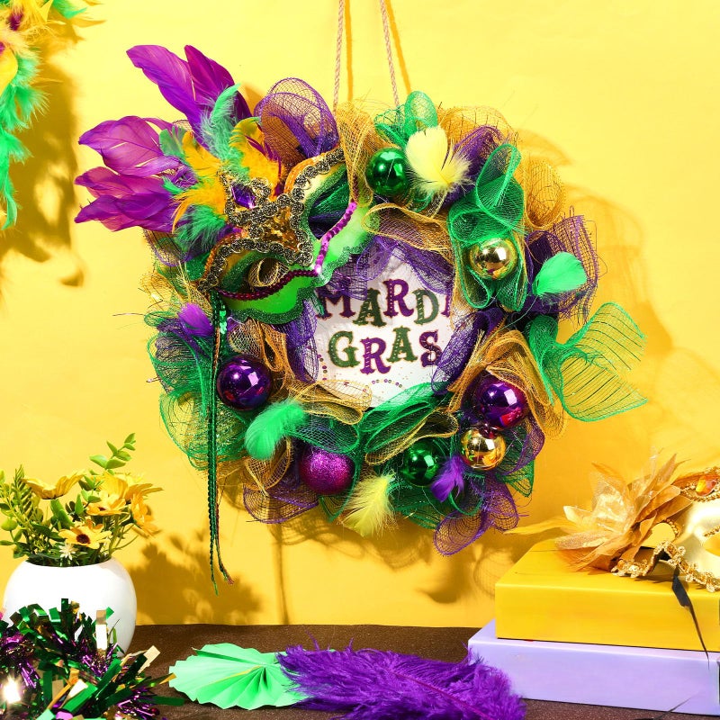 Hoteam Mardi Gras Wreath for Front Door Purple Green Gold Carnival Wreath Glitter Mardi Gras Festival Decoration with Venetian Mask for Indoor Outdoor Holiday Party Favors (Carnival,13 Inch) - Image 2