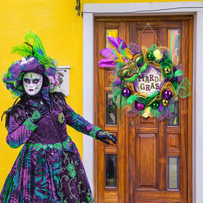 Hoteam Mardi Gras Wreath for Front Door Purple Green Gold Carnival Wreath Glitter Mardi Gras Festival Decoration with Venetian Mask for Indoor Outdoor Holiday Party Favors (Carnival,13 Inch) - Image 4