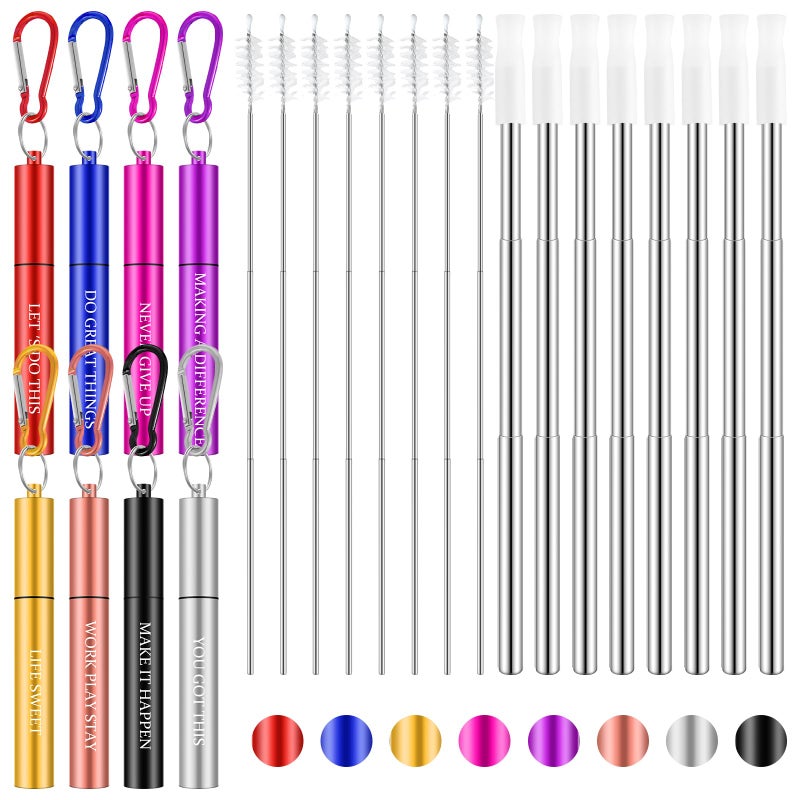 Zubebe 8 Pack Reusable Metal Collapsible Travel Straws Portable Stainless Steel Drinking Foldable Cruise Straw with Silicone Tip, Cleaning Brushes, Keychain for Travel Work Cruise Ship(Stylish Style) - Image 1