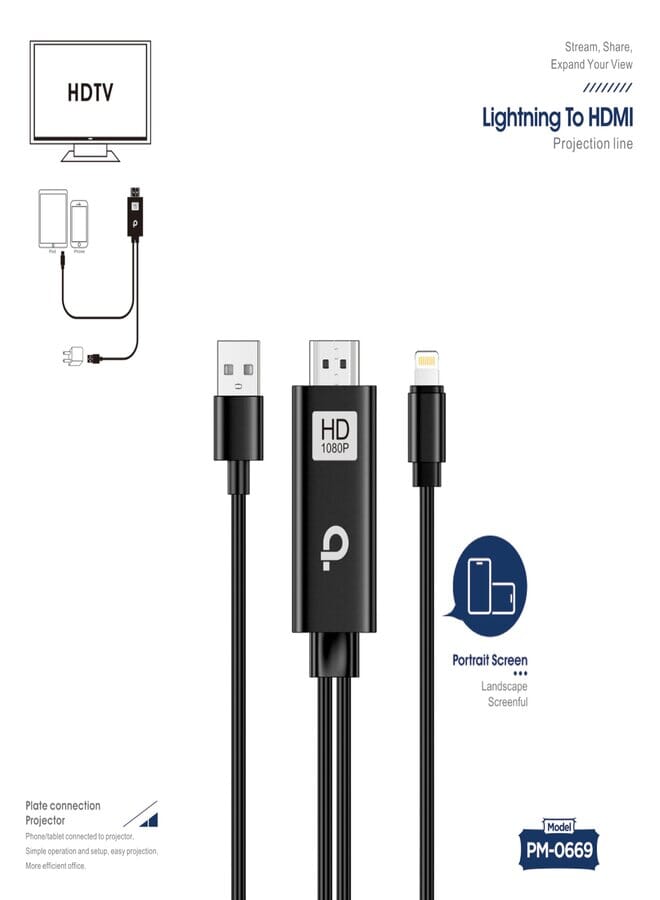 Promass Lightning to HDMI/HDTV Cable Adapter, HDTV AV Adapter Cable 1080P for i Phone/Projector/Monitor 2M - Image 1
