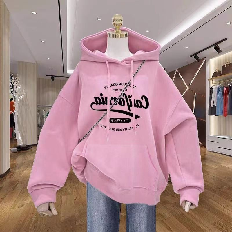 New Autumn Hooded Sweatshirt Women 2024 New fleece-lined Thickened Solid Color Design Printed Jacket Tide Pink
