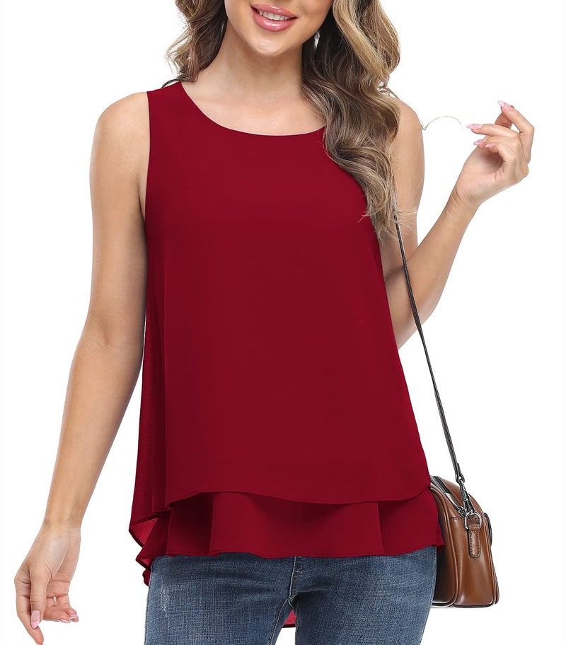Jouica Women's Flowy Chiffon Tanks for Summer Loose Casual Sleeveless Summer Tank Tops Blouses,Wine Red,XX-Large - Image 1
