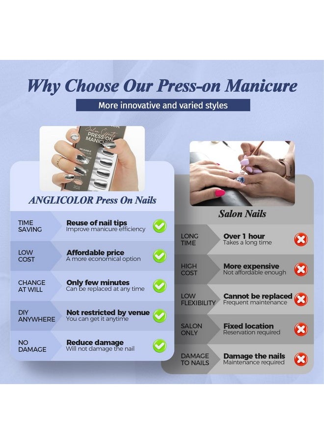 Anglicolor Anglicolor Press On Nails,Silver Tip Press On Nails,Press On Nails Short,Short Almond Nails,30 Pcs Soft Gel Fake Nails in 15 Sizes, Reusable Fake Nails Kit(A104, 30 Count)  - Image 4