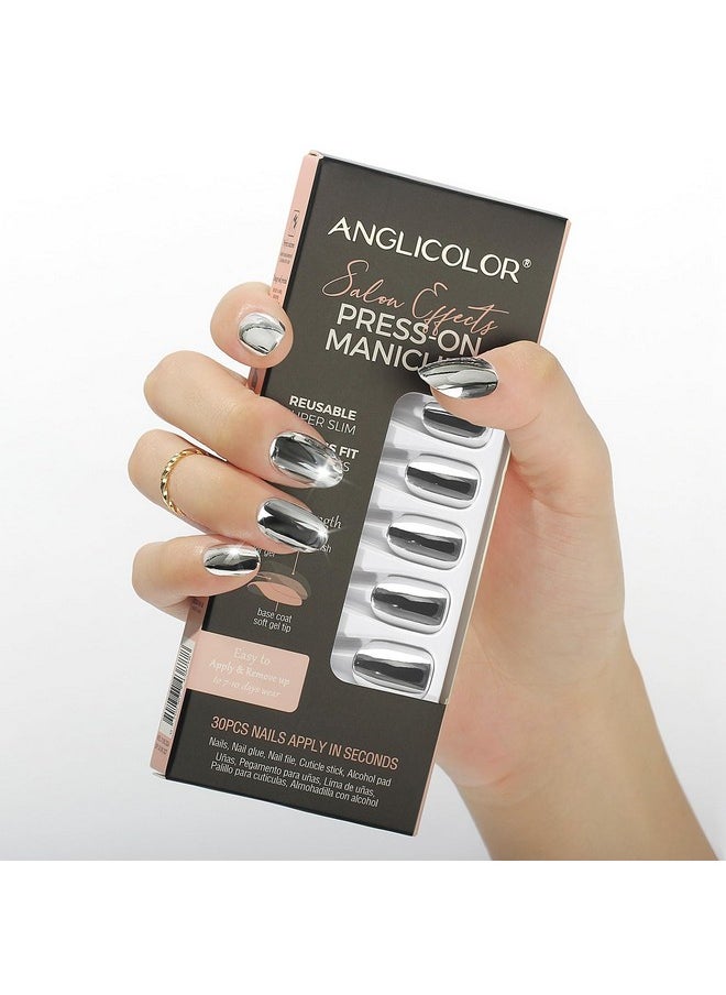 Anglicolor Anglicolor Press On Nails,Silver Tip Press On Nails,Press On Nails Short,Short Almond Nails,30 Pcs Soft Gel Fake Nails in 15 Sizes, Reusable Fake Nails Kit(A104, 30 Count)  - Image 1