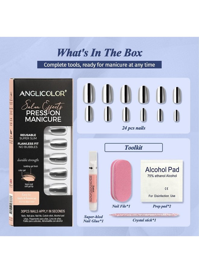Anglicolor Anglicolor Press On Nails,Silver Tip Press On Nails,Press On Nails Short,Short Almond Nails,30 Pcs Soft Gel Fake Nails in 15 Sizes, Reusable Fake Nails Kit(A104, 30 Count)  - Image 3