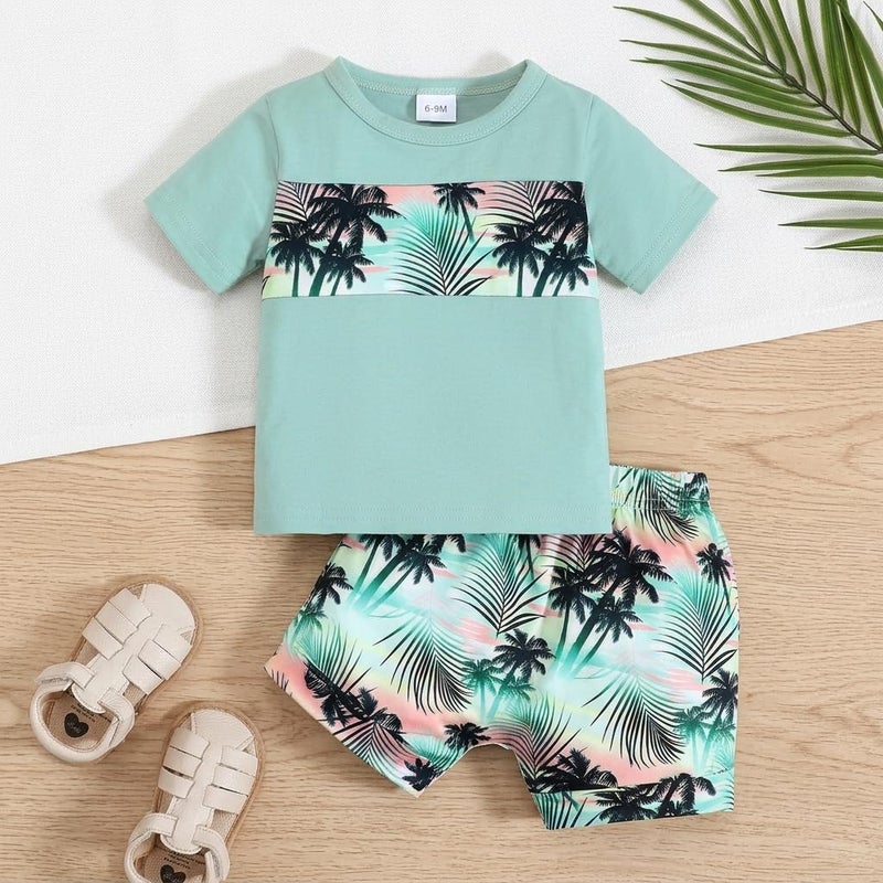 Baby Boys Tropical Short Sleeve T-Shirt and Shorts Set, Hawaiian Palm Tree Summer Beach Clothing 2-Piece - Image 1