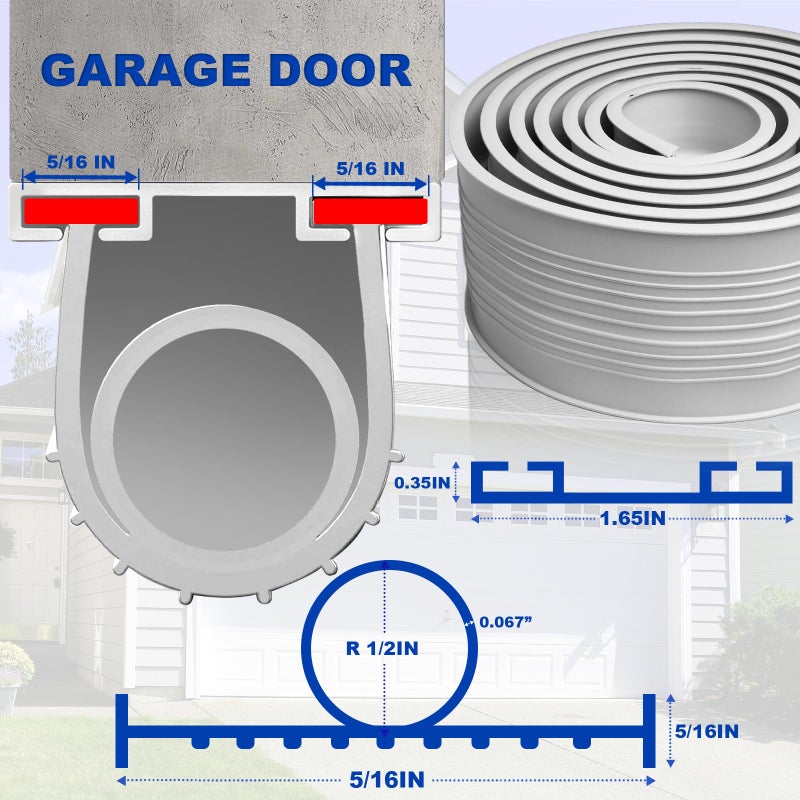 DGSL Garage Door Seals Bottom Rubberï¼ŒWeather Stripping Sealing Strip Replacement,Universal Weatherproof Threshold Buffering (Grey, 16 Ft) - Image 3