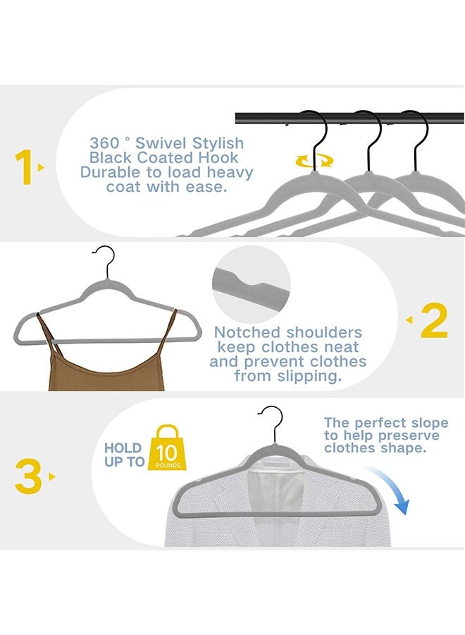 رولستيمي 100 حزمة عدم الانزلاق المخملية الشماعات الثقيلة توافدوا معطف دعوى الشماعات الفضاء إنقاذ الملابس رفوف مع 360-قطب هوك ، رمادي - Image 5