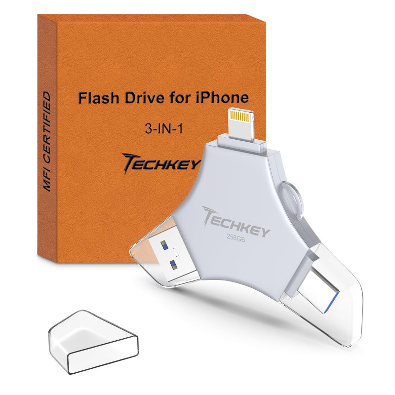 TECHKEY MFi Certified USB 3.0 Flash Drive 256GB for iPhone, 3in1 External Memory Photo Keeper Storage Stick for Picture/Video/Data Saver/Backup, High Speed Thumb/Jump/Hard Drives for iPhone/iPad/Android/PC - Image 1