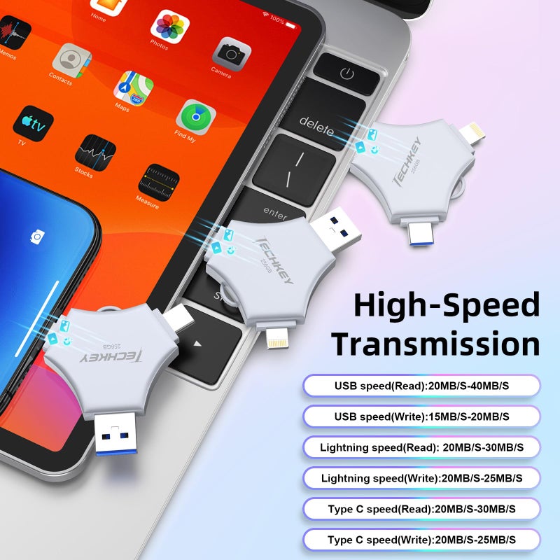 TECHKEY MFi Certified USB 3.0 Flash Drive 256GB for iPhone, 3in1 External Memory Photo Keeper Storage Stick for Picture/Video/Data Saver/Backup, High Speed Thumb/Jump/Hard Drives for iPhone/iPad/Android/PC - Image 4