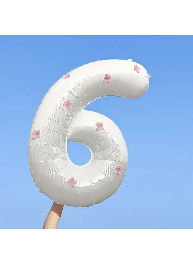 Pink Floral Decor White Number 6 Balloon For Birthday Party Wedding Anniversary - Image 1