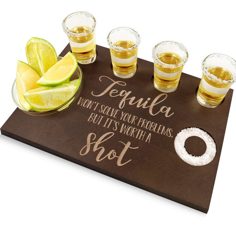 Huray Rayho Tequila Shot Board Serving Tray, Huray Rayho Shot Glass Holder Display Storage Shot Glasses with Salt Rim Bar Wooden Tray for Liquor Birthday Party Wedding Housewarming Men Women Gifts - Natural - Image 1